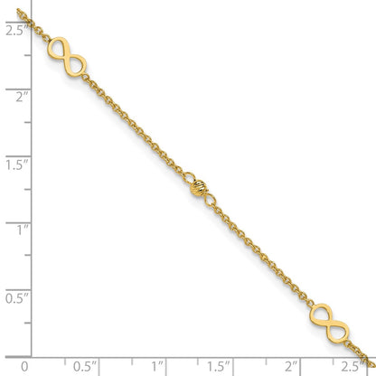 14K Yellow Gold Infinity and Diamond-cut Bead 9 Inch Plus 1 Inch Extender - Total 10 Inch Anklet