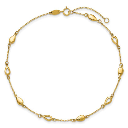 14K Yellow Gold Polished Teardrop 9 Inch Plus 1 Inch Extender - Total 10 Inch Anklet