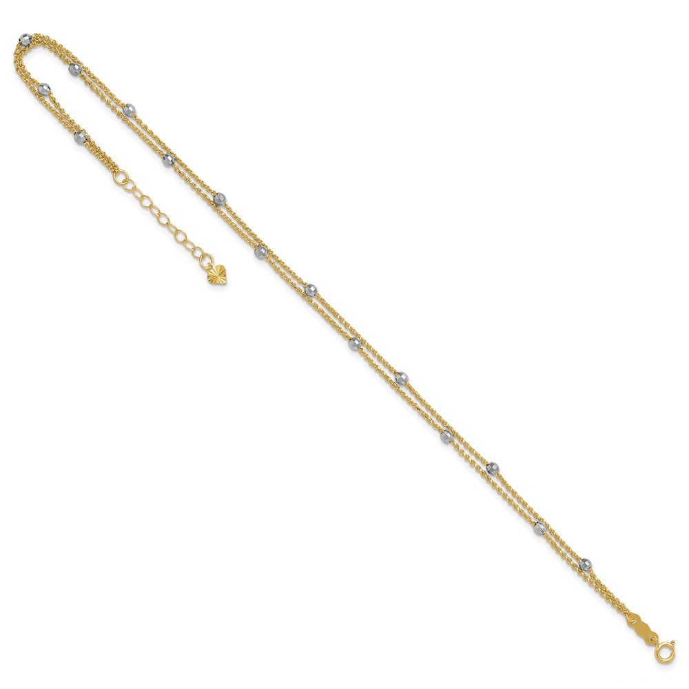 14K Two-Tone Gold Two-tone 2-Strand Chain with Mirror Beads 9 Inch Plus 1 Inch Extender - Total 10 Inch Anklet