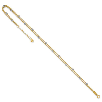 14K Two-Tone Gold Two-tone 2-Strand Chain with Mirror Beads 9 Inch Plus 1 Inch Extender - Total 10 Inch Anklet