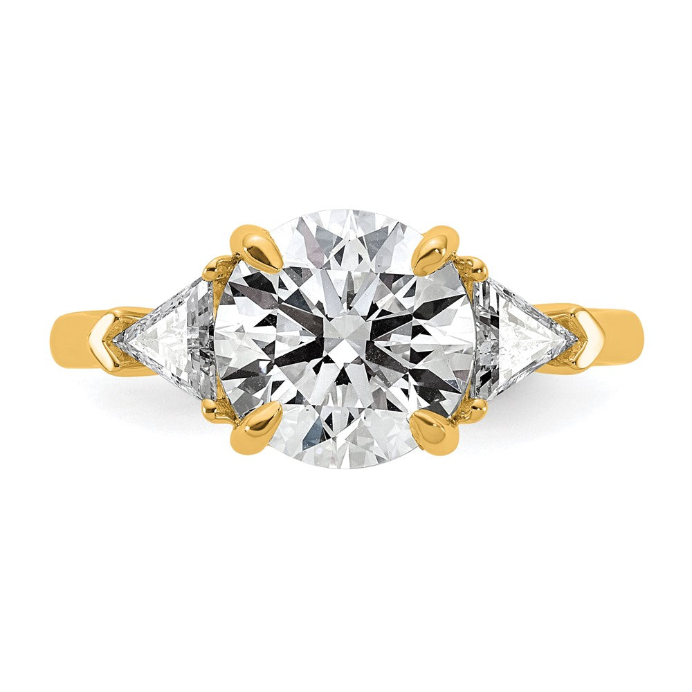 14K Yellow Gold 3 1/8 carat Certified Lab Grown Diamond VS+ F+ Round and Triangle Complete Three Stone Engagement Ring