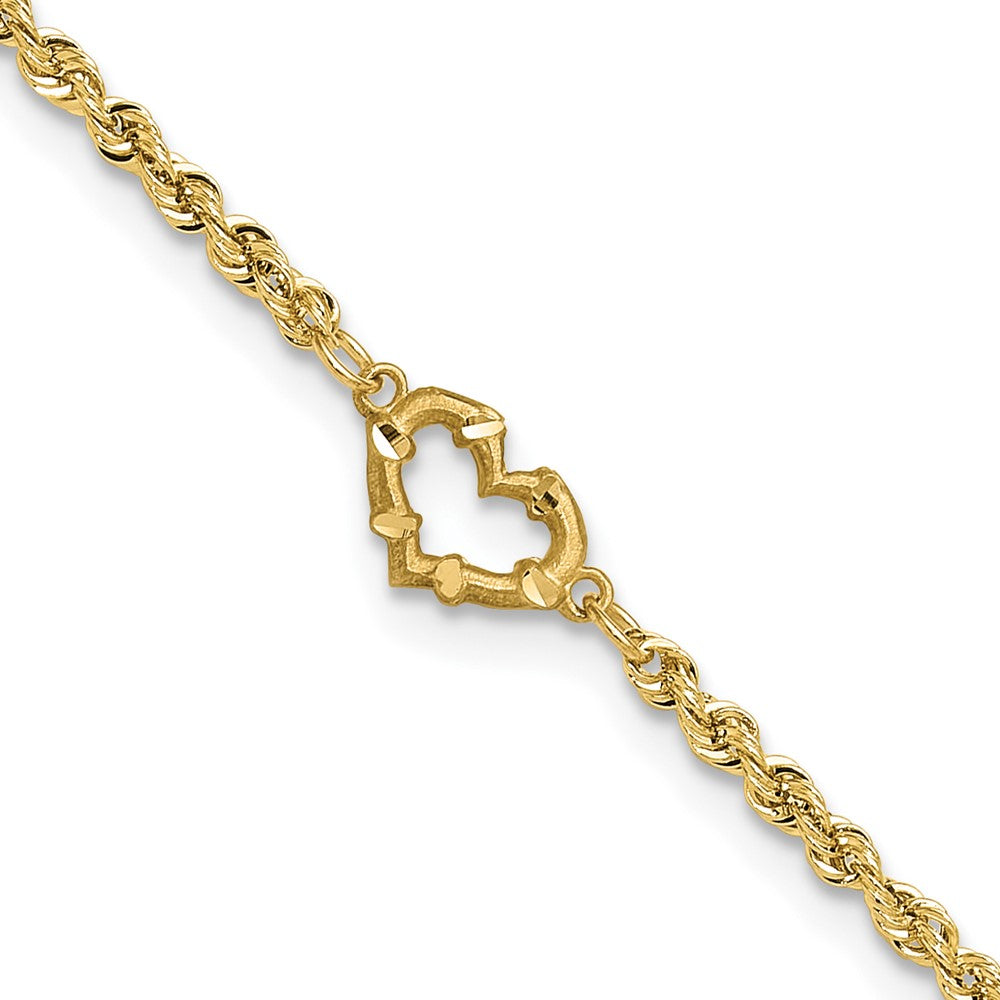 14K Yellow Gold Diamond-cut Open Heart and Rope Chain 11 Inch Anklet