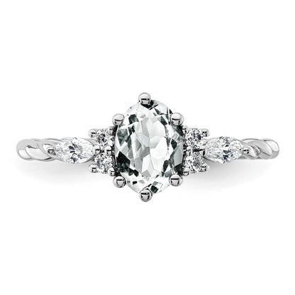 14K White Gold Diamond and 7x5 Oval April/White Topaz Size 7 Twisted Ring