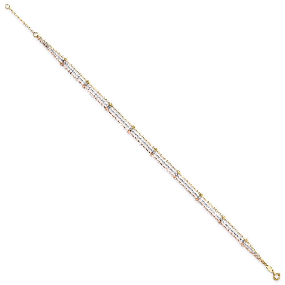 14K Tri-Color Gold Tri-color 3-Strand Diamond-cut Beaded 9-Station 9 Inch Plus 1 Inch Extender - Total 10 Inch Anklet