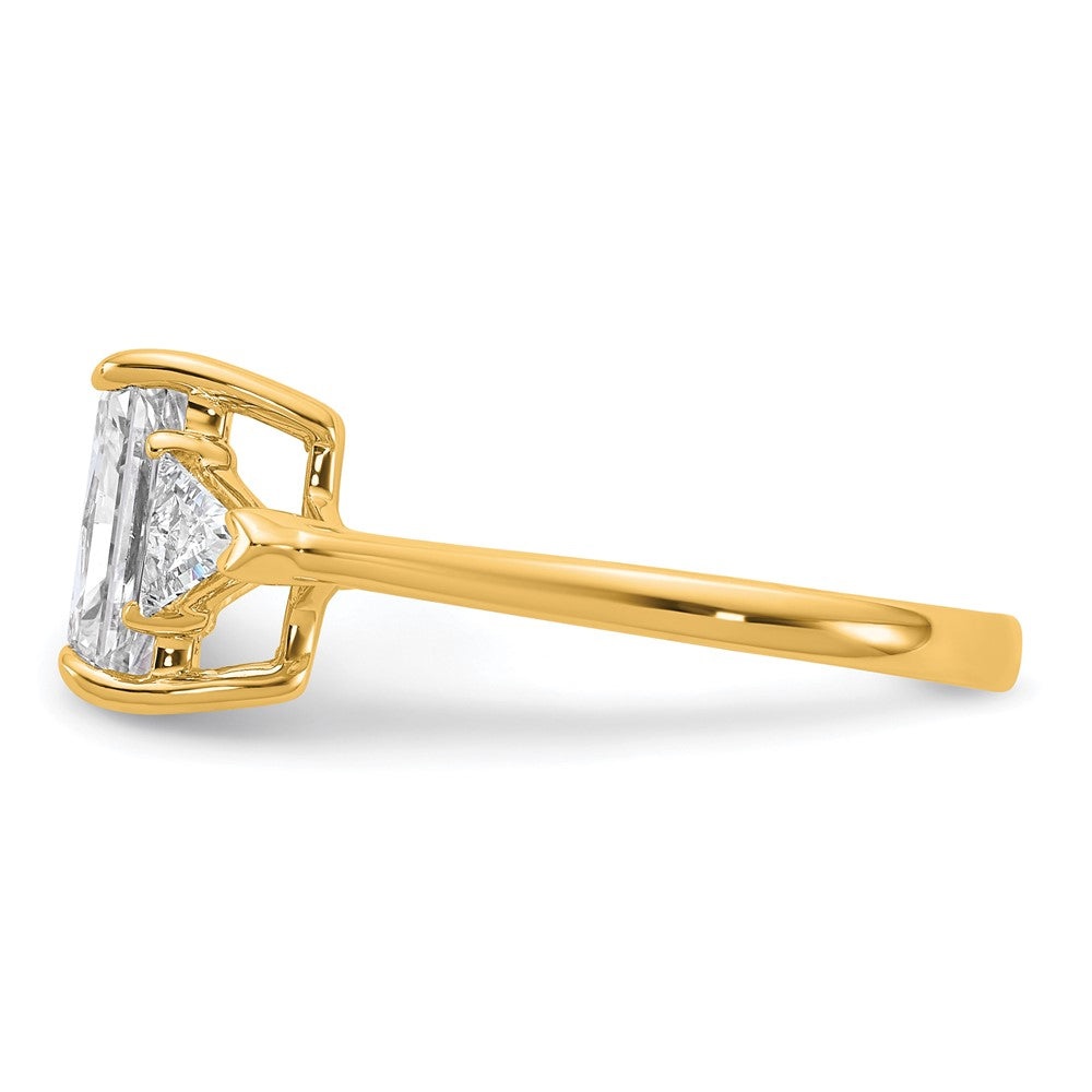 14K Yellow Gold 1/2 carat Lab Grown Diamond VS+ F+ Triangle 2 carat Radiant Center Semi Mount Three Stone Engagement Ring