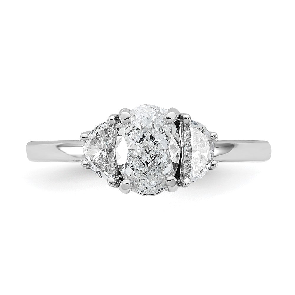 14K White Gold 3/8 carat Lab Grown Diamond VS+ F+ Half Moon and 1 carat Oval Center Semi Mount Three Stone Engagement Ring