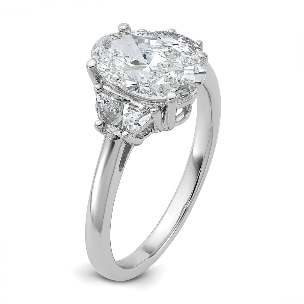 14K White Gold 1/2 carat Lab Grown Diamond VS+ F+ Half Moon and 2 carat Oval Center Semi Mount Three Stone Engagement Ring