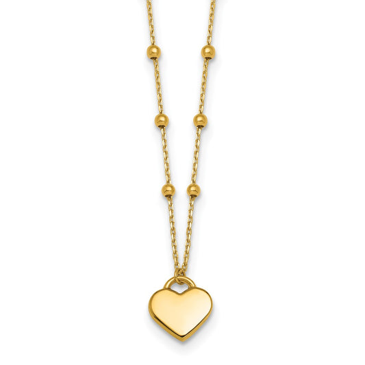 14K Yellow Gold Polished Heart Pendant and Beaded Chain 16 Inch Necklace Plus 2 Inch Extender