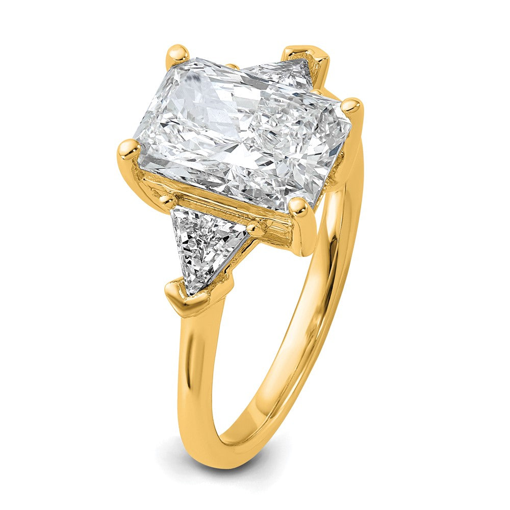 14K Yellow Gold 3 1/8 carat Certified Lab Grown Diamond VS+ F+ Radiant and Triangle Complete Three Stone Engagement Ring