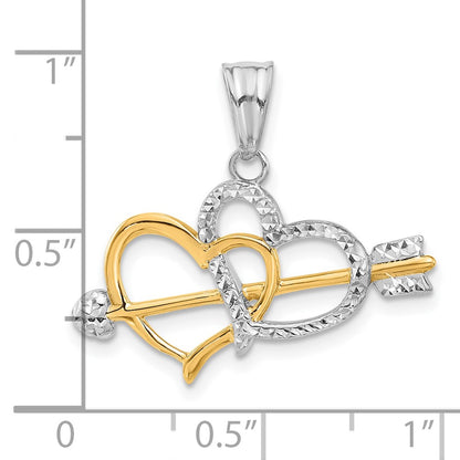 14K Yellow Gold with Rhodium Diamond-cut Hearts and Arrow Pendant
