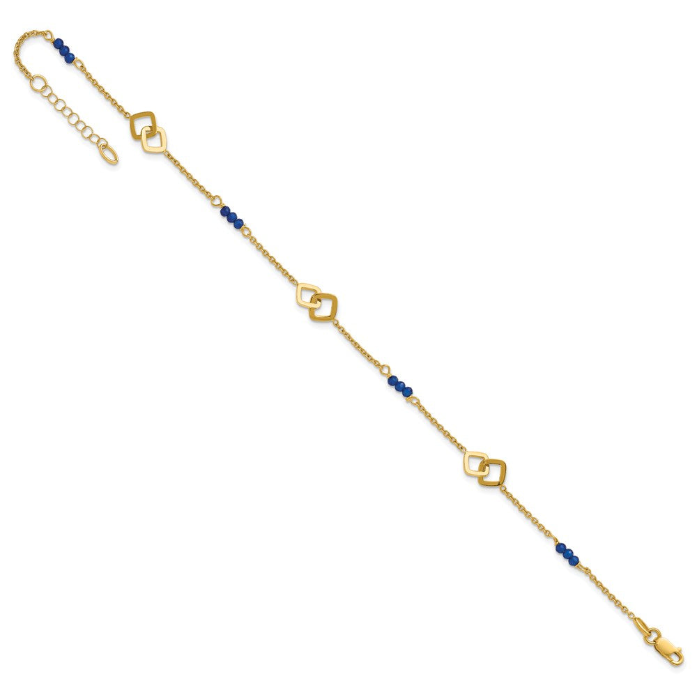 14K Yellow Gold Polished Blue Spinel Beads and Squares 9 Inch Plus 1 Inch Extender - Total 10 Inch Anklet