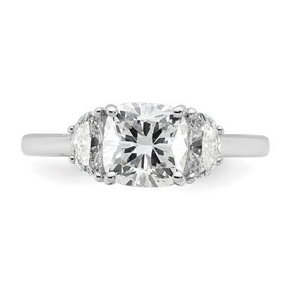 14K White Gold 1/2 carat Lab Grown Diamond VS/SI+ G+ Half Moon and 1 1/2 carat Cushion Center Semi Mount Three Stone Engagement Ring