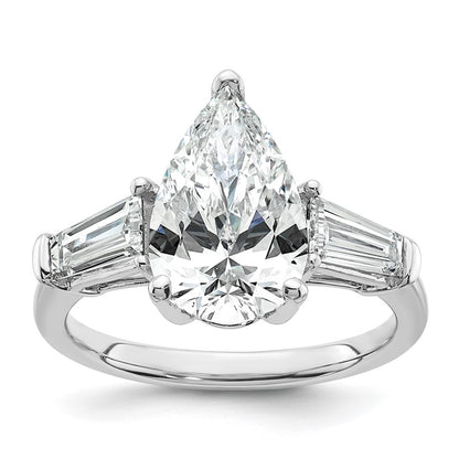 14K White Gold 3 3/4 carat Certified Lab Grown Diamond VS+ F+ Pear and Tapered Baguette Complete Engagement Ring