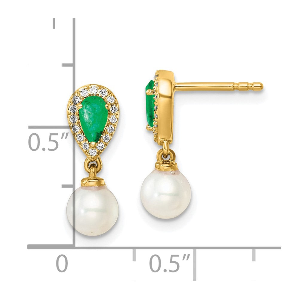14K Yellow Gold Round Freshwater Cultured Pearl/.09 carat Diamond/Pear Emerald Dangle Post Earrings