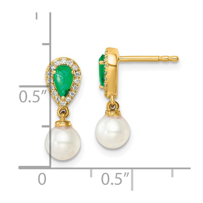 14K Yellow Gold Round Freshwater Cultured Pearl/.09 carat Diamond/Pear Emerald Dangle Post Earrings