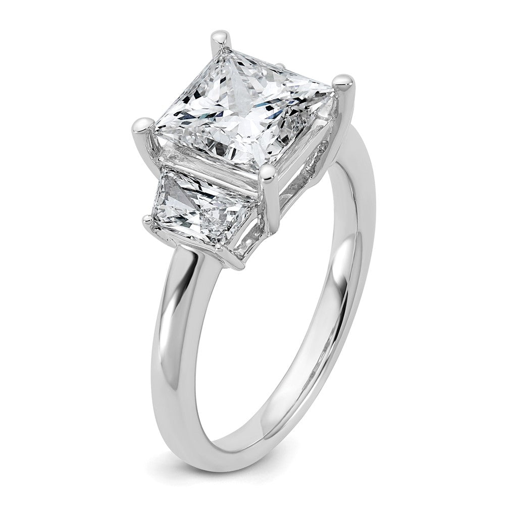 14K White Gold 3/4 carat Lab Grown Diamond VS+ F+ Trapezoid 2 1/2 carat Princess Center Semi Mount Three Stone Engagement Ring