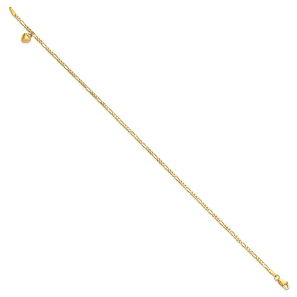 14K Yellow Gold Figaro Link Chain with Dangling Puffed Heart 9 Inch Anklet