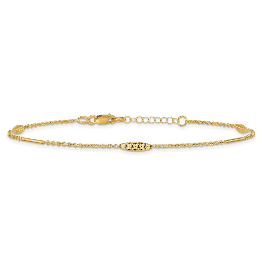 14K Yellow Gold Bar and Textured Oval 9 Inch Plus 1 Inch Extender - Total 10 Inch Anklet