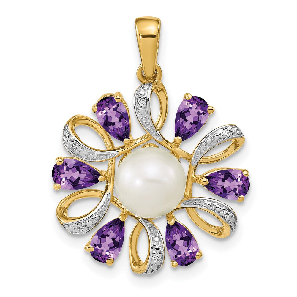14K Yellow Gold 6-7mm Button Freshwater Cultured Pearl/Pear Amethyst/Diamond Pendant