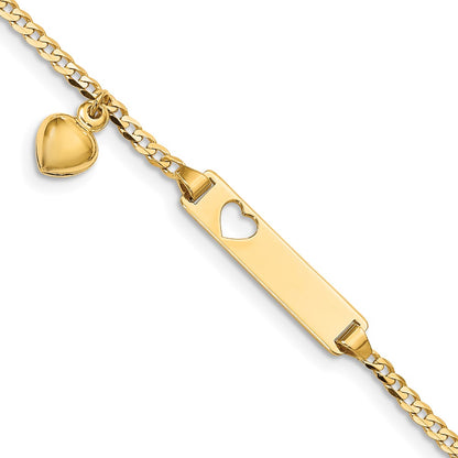 14K Yellow Gold Polished Solid Chain/Solid Plate Cut-out Heart with Heart Dangle Curb Link 21x5mm Plate 5.5 Inch Baby/Child ID Bracelet