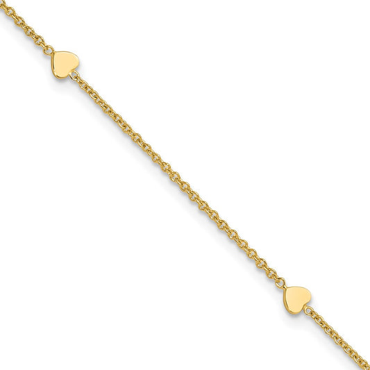 14K Yellow Gold Polished Hearts 4-Station 10 Inch Plus 1 Inch Extender - Total 11 Inch Anklet
