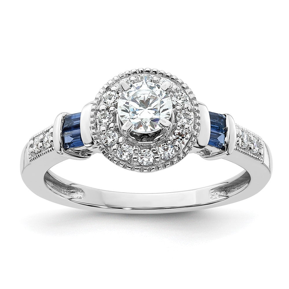 14K White Gold 1/2 carat Lab Grown Diamond VS/SI+ G+ and Created Sapphire Complete Round Halo Engagement Ring