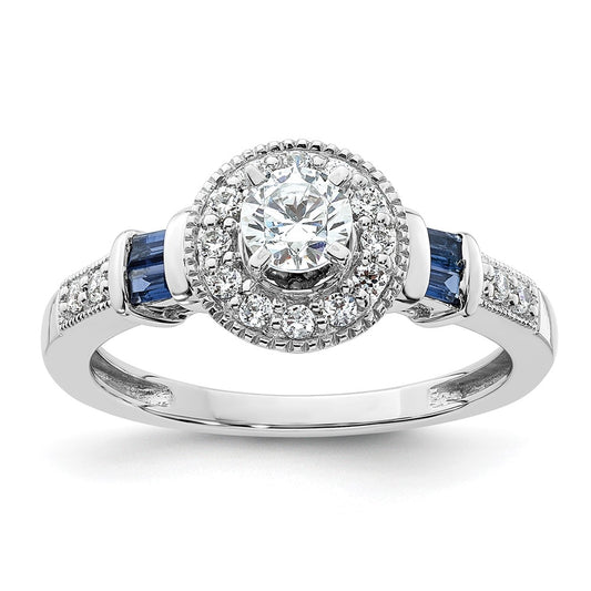 14K White Gold 1/2 carat Lab Grown Diamond VS/SI+ G+ and Created Sapphire Complete Round Halo Engagement Ring
