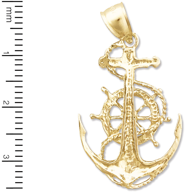 14K Gold Sailor Rope, Ship Wheel and Anchor Pendant