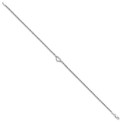 10K White Gold Diamond-Cut Hollow Rope With Heart 9In Anklet