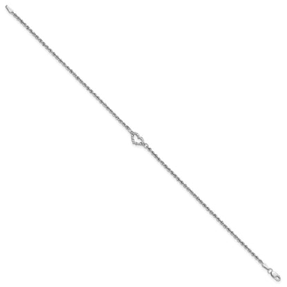 10K White Gold Diamond-Cut Hollow Rope With Heart 9In Anklet