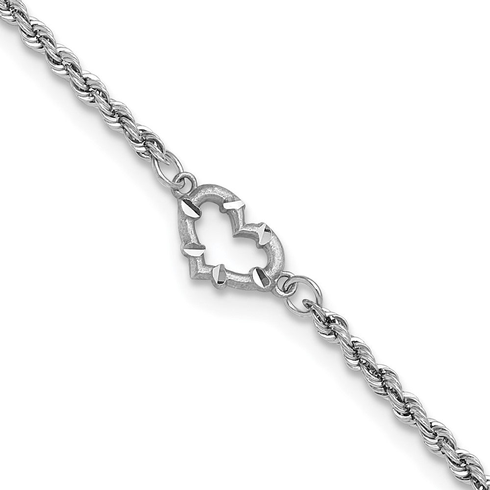 10K White Gold Diamond-Cut Hollow Rope With Heart 9In Anklet