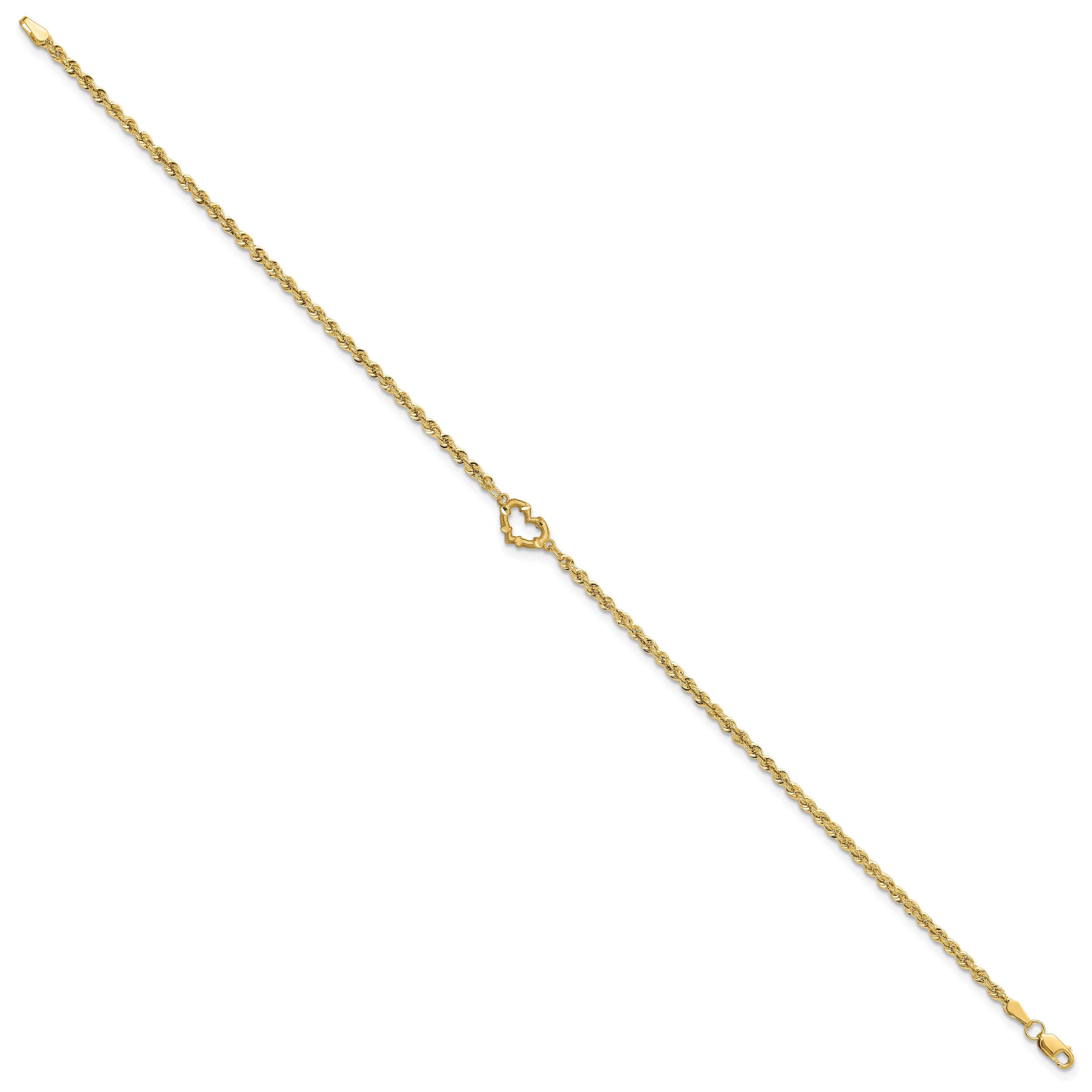 10K Yellow Gold Diamond-Cut Open Heart Rope 9Inch Anklet