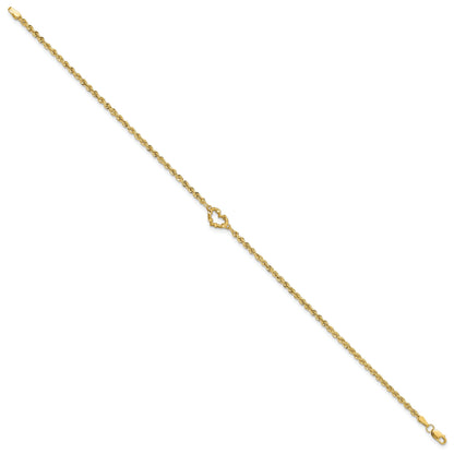 10K Yellow Gold Diamond-Cut Open Heart Rope Anklet
