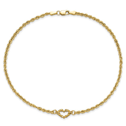 10K Yellow Gold Diamond-Cut Open Heart Rope Anklet