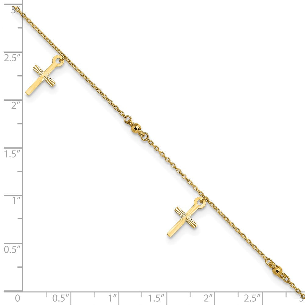 10K Yellow Gold Polished And Textured Cross 9In Plus 1In Ext. Anklet
