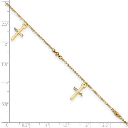 10K Yellow Gold Polished And Textured Cross 9In Plus 1In Ext. Anklet