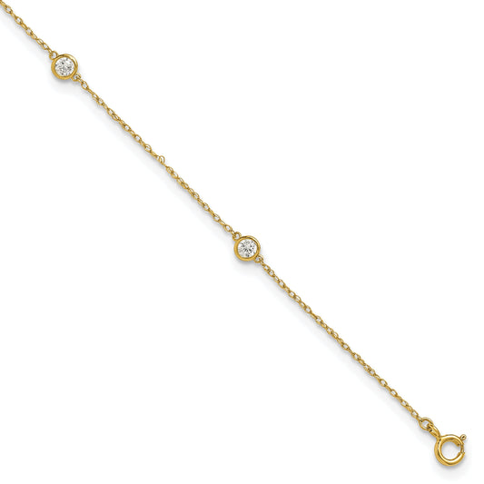 10K Yellow Gold Polished Bezel-Set Cz 5-Station 10 Inch Anklet