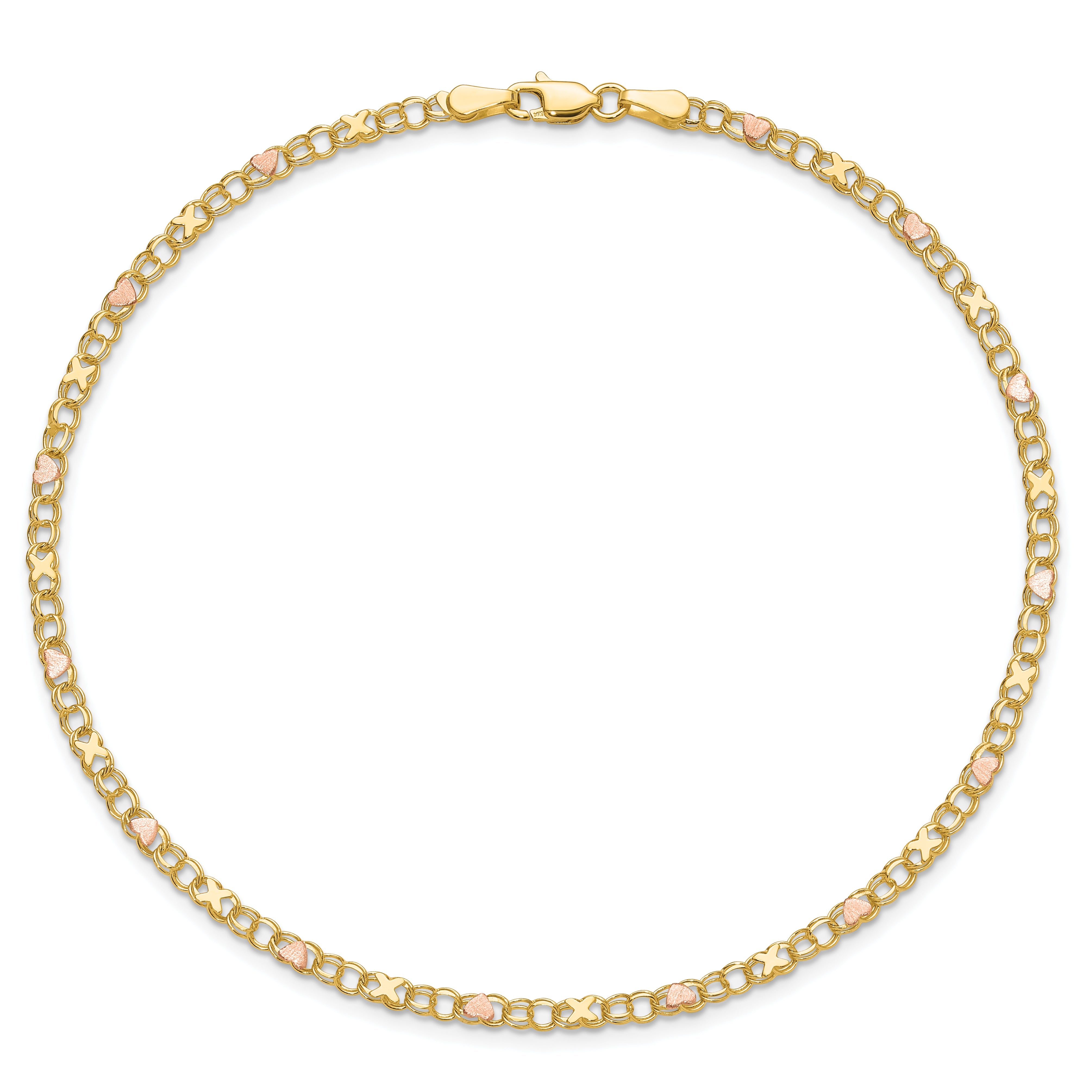 10K Two-Tone And Rose X'S Hearts 7In Bracelet