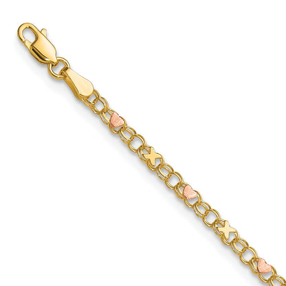 10K Two-Tone And Rose X'S Hearts 7In Bracelet