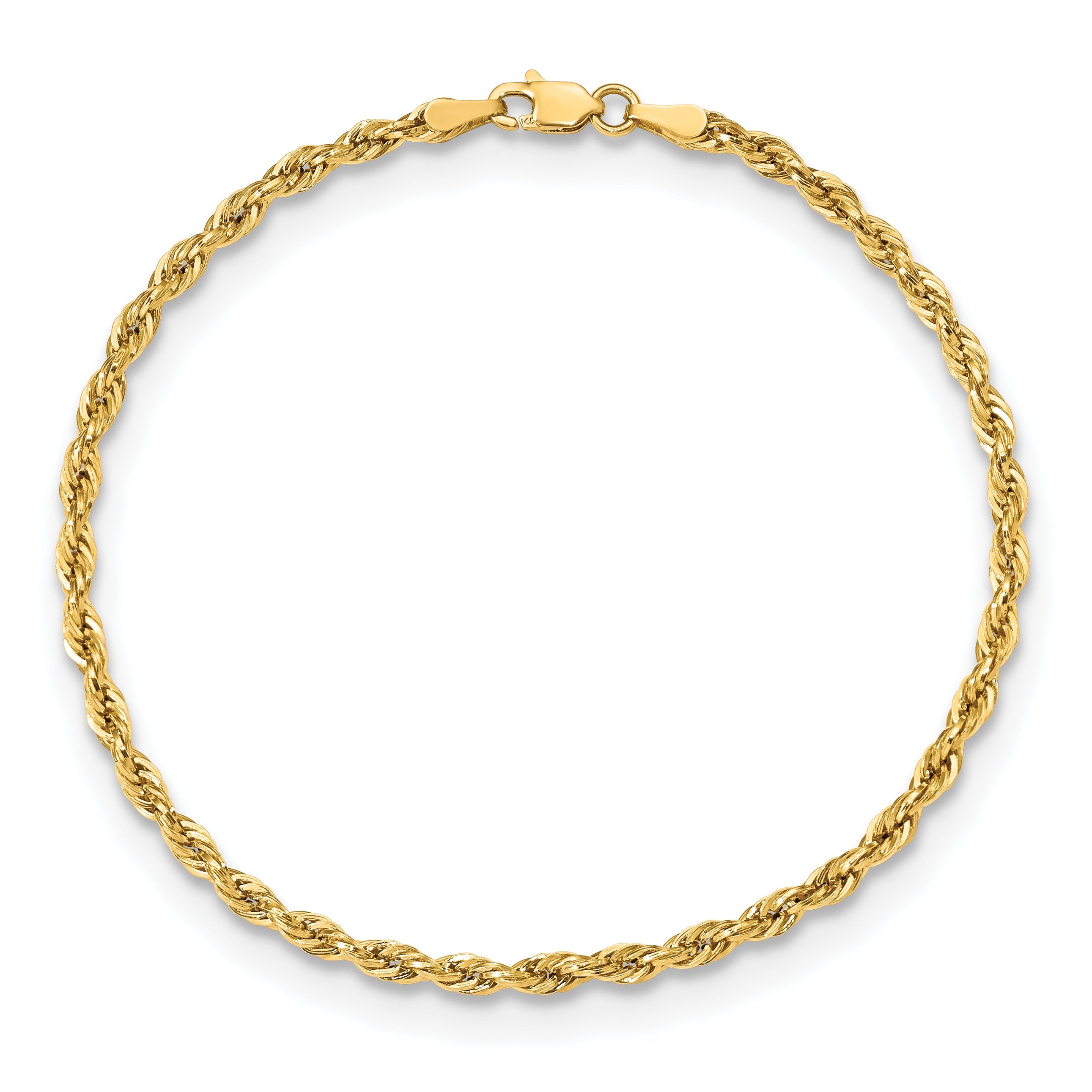 9 Inch 10K Yellow Gold 3mm Semi-Solid Rope Chain Bracelet