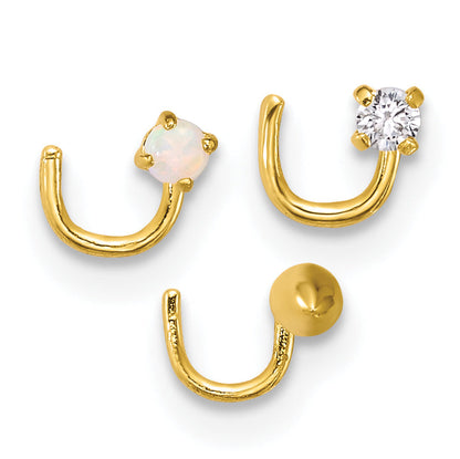 10K Yellow Gold Polished 22 Gauge Set Of Three Cz, Lab Created Opal And Spike Nose Studs