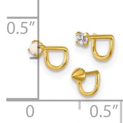 10K Yellow Gold Polished 22 Gauge Set Of Three Cz, Lab Created Opal And Spike Nose Studs