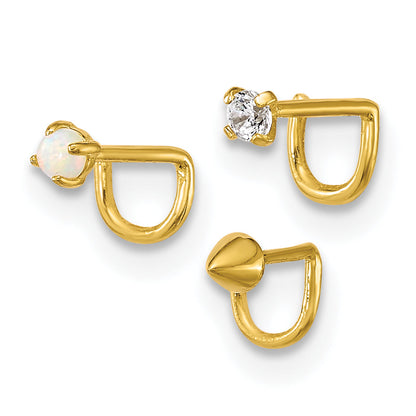 10K Yellow Gold Polished 22 Gauge Set Of Three Cz, Lab Created Opal And Spike Nose Studs