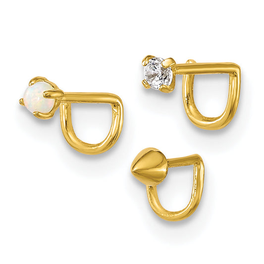 10K Yellow Gold Polished 22 Gauge Set Of Three Cz, Lab Created Opal And Spike Nose Studs