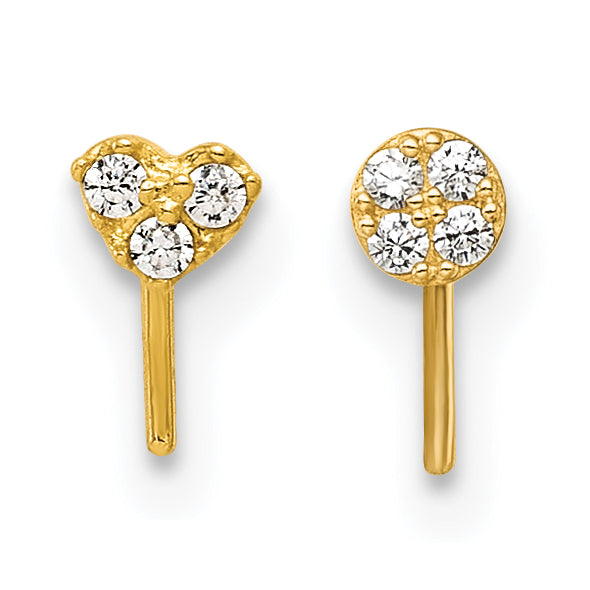 10K Yellow Gold Polished 23 Gauge Set Of Two Cz Heart And Circle Nose Studs