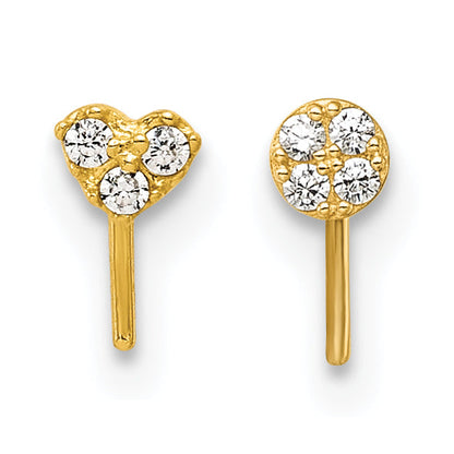 10K Yellow Gold Polished 23 Gauge Set Of Two Cz Heart And Circle Nose Studs