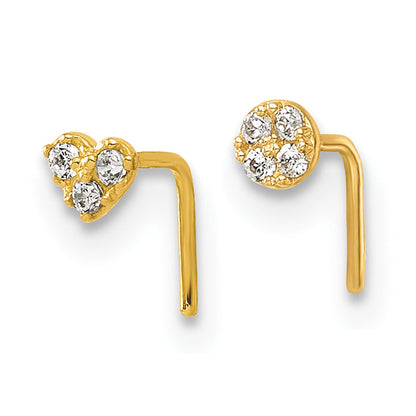 10K Yellow Gold Polished 23 Gauge Set Of Two Cz Heart And Circle Nose Studs