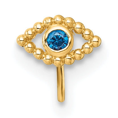 10K Yellow Gold Polished 23 Gauge Blue Cz Evil Eye Nose Stud