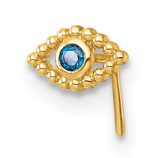10K Yellow Gold Polished 23 Gauge Blue Cz Evil Eye Nose Stud