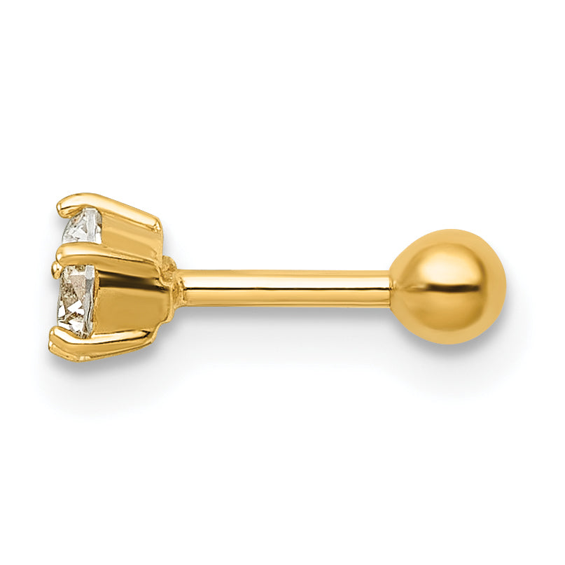10K Yellow Gold Polished 18 Gauge Round White Cz Labret Stud